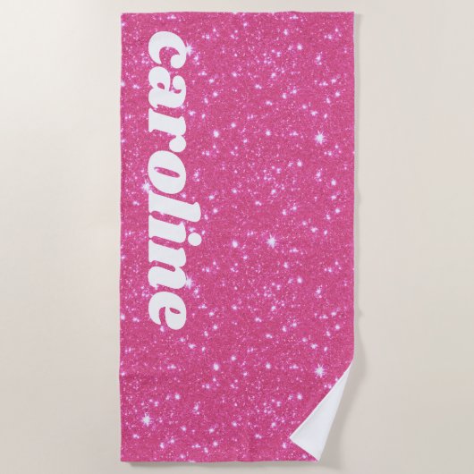 Retro Hot Pink Glitter Sparkle Gepersonaliseerde n Strandlaken (Voorkant)