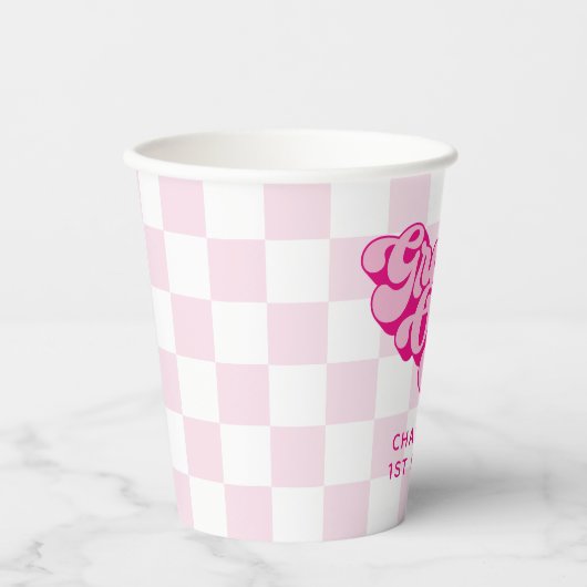Retro Hot Pink Groovy One Checker Papieren Bekers (Voorkant)