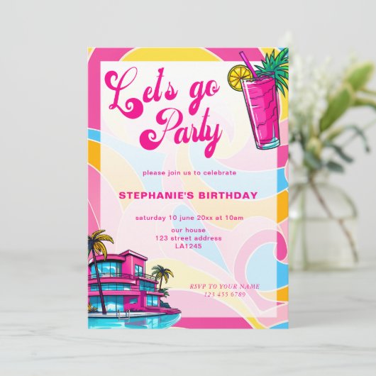 Retro Hot Pink Lets Go Party Verjaardag Kaart (Staand voorkant)