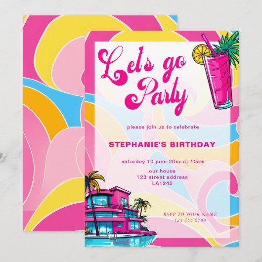 Retro Hot Pink Lets Go Party Verjaardag Kaart (Voorkant / Achterkant)