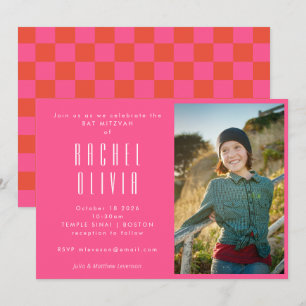 Retro Hot Pink Red Checkerboard Foto Bat Mitzvah Kaart