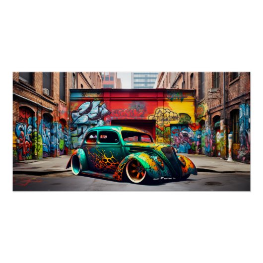 Retro Hot Rod Graffiti Urban Landscape Art Print Perfect Poster (Voorkant)