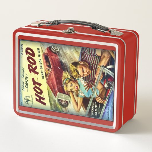 Retro Hot Rod Red Metal Lunch Box (Voorkant)