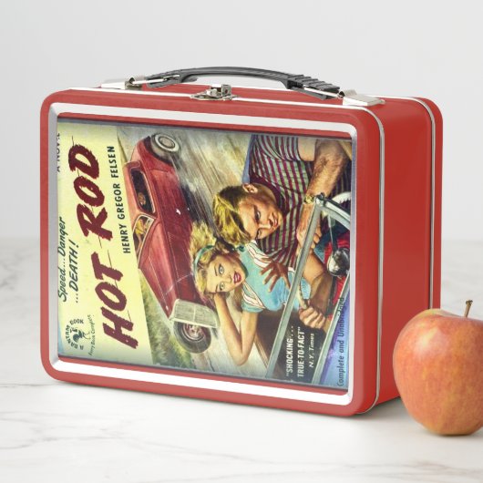 Retro Hot Rod Red Metal Lunch Box (In situ)