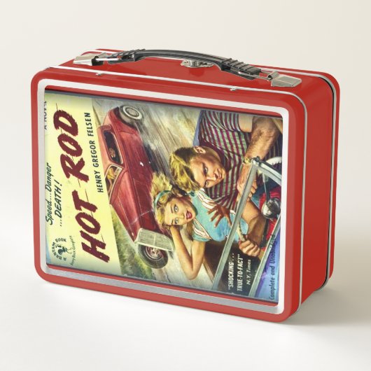 Retro Hot Rod Red Metal Lunch Box (Achterkant)