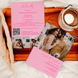 Retro hot roze 4 foto Qr alles in één bruiloft Kaart