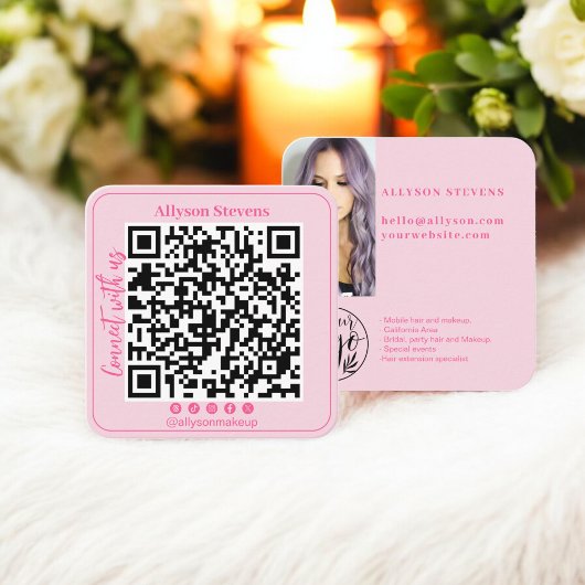 Retro Hot roze Social Media QR Code Foto Logo Vierkante Visitekaartje