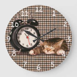 Retro houndstooth kitten grote klok