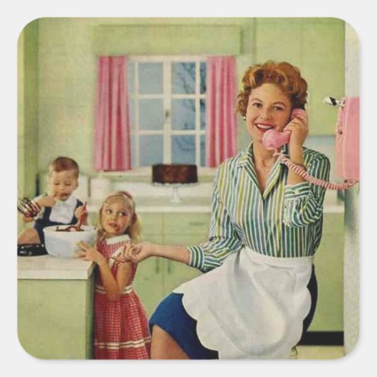 Retro Houseechtgenote in Kitchen Vierkante Sticker (Voorkant)