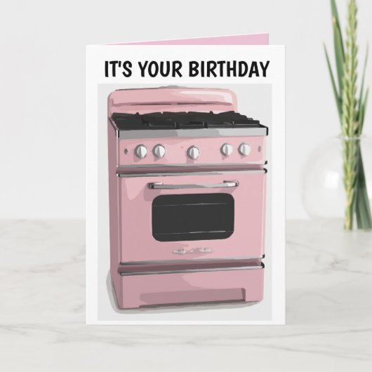 RETRO HOUSEWIFE PINK OVEN BIRTHDAY KAART (Voorkant)