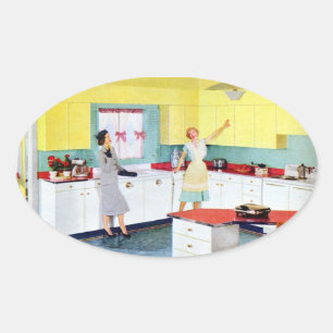 Retro Housewives in Kitchen Ovale Sticker