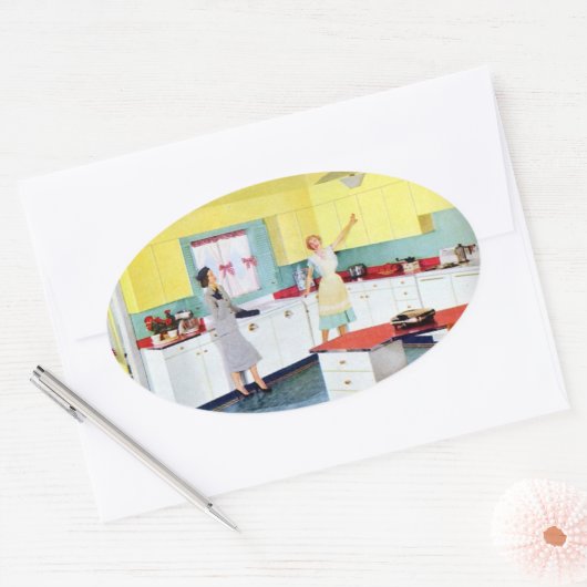 Retro Housewives in Kitchen Ovale Sticker (Envelop)