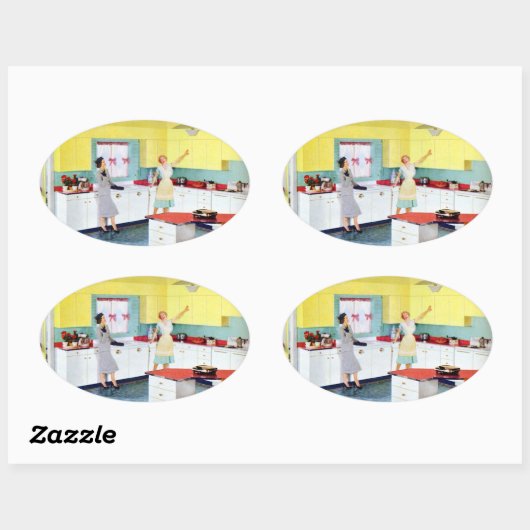 Retro Housewives in Kitchen Ovale Sticker (Vel)