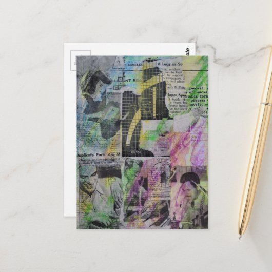 Retro Houtbewerking Abstracte mixed media collage Briefkaart (Voorkant / Achterkant in situ)