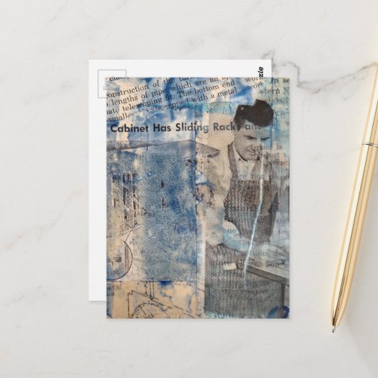 Retro Houtbewerking Man mixed media collage Briefkaart (Voorkant / Achterkant in situ)