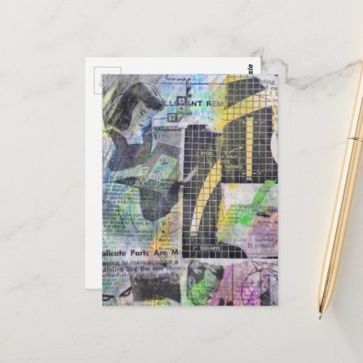 Retro Houtbewerking Mensen mixed media collage Briefkaart (Voorkant / Achterkant in situ)