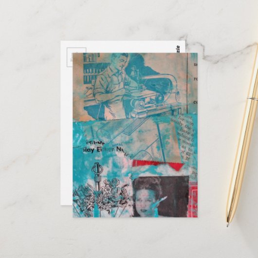 Retro Houtbewerking Mixed Media Collage Briefkaart (Voorkant / Achterkant in situ)