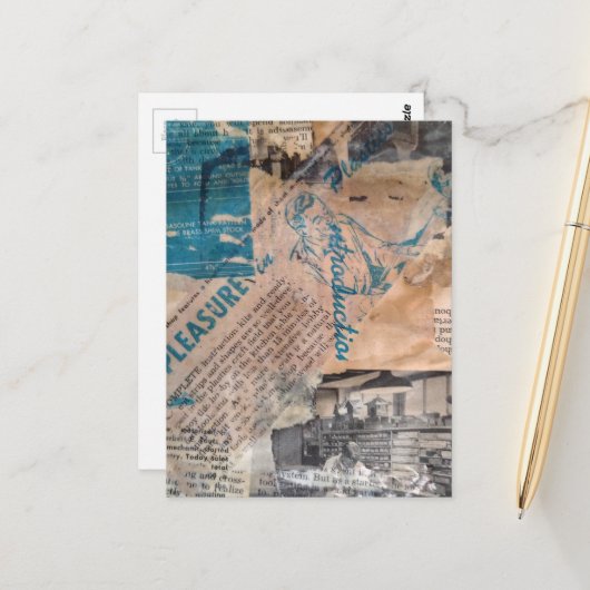 Retro Houtbewerking mixed media collage Briefkaart (Voorkant / Achterkant in situ)