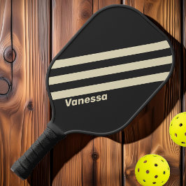 Retro Houtskool Drie Strepen met Naam Pickleball Paddle