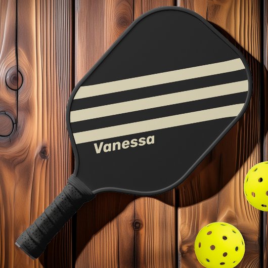 Retro Houtskool Drie Strepen met Naam Pickleball Paddle