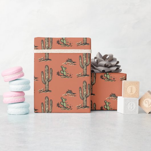 Retro houtsnede Cactus Terracotta & Groen Cadeaupapier (Baby Shower)