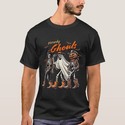 Retro Howdy Ghouls Skeleton Cowboy Western Rodeo H T-shirt (Voorkant)
