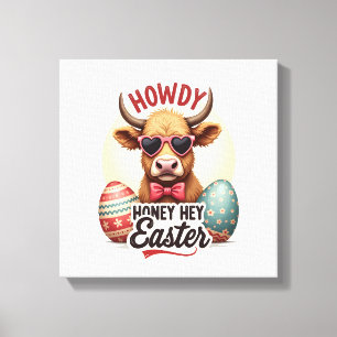 Retro Howdy Honey Pasen Hoogland Koe Cute Konijn Canvas Afdruk