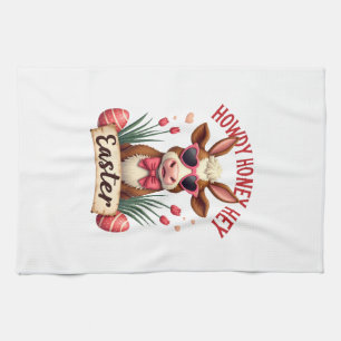 Retro Howdy Honey Pasen Hoogland Koe Cute Konijn Theedoek