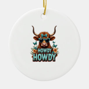 Retro Howdy Schotse Hoogland Koe met Hart Zonnebri Keramisch Ornament