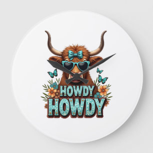 Retro Howdy Schotse Hooglanders Koe met Hart Zonne Grote Klok