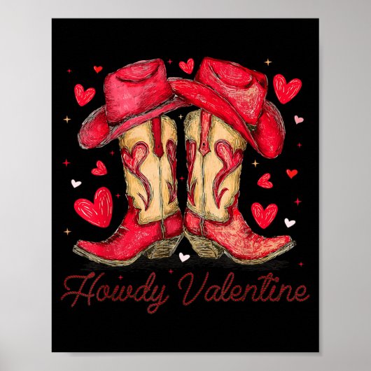Retro Howdy Valentine Cowboy Boots Western Valenti Poster (Voorkant)
