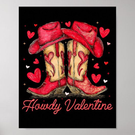 Retro Howdy Valentine Cowboy Boots Western Valenti Poster (Voorkant)