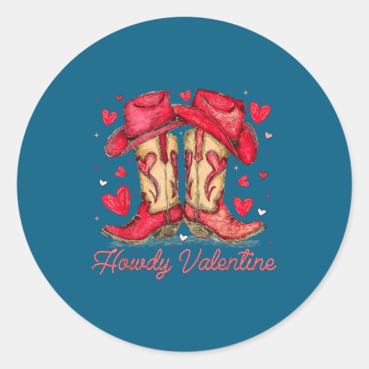 Retro Howdy Valentine Cowboy Boots Western Valenti Ronde Sticker (Voorkant)