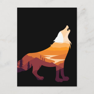 Retro Howling Wolf Landscape Wilderness Sunset Briefkaart