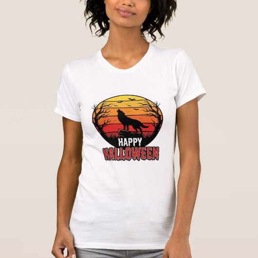 Retro Huilende Wolf Fijne Halloween Vectorontwerp T-shirt (Voorkant)