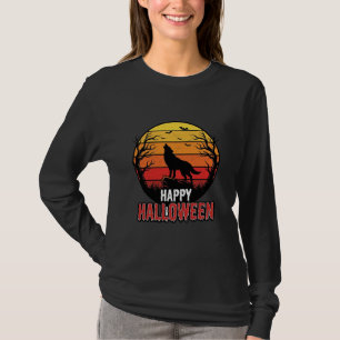 Retro Huilende Wolf Gelukkig Halloween Vectorontwe T-shirt
