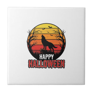 Retro Huilende Wolf Gelukkig Halloween Vectorontwe Tegeltje
