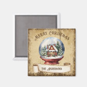 Retro huis in sneeuw Wereldbol Vrolijk kerstfeest Magneet (Voorkant / Achterkant)