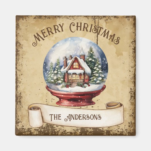 Retro huis in sneeuw Wereldbol Vrolijk kerstfeest Magneet (Voorkant)