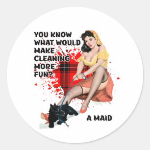 Retro Huisvrouw Humor Pin-up met Scottie Art Ronde Sticker