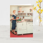 Retro Huisvrouw in Keuken Kaart (Gele Bloem)