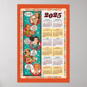 Retro Huisvrouw Kalender 2025 in Mid-Century Stijl Poster