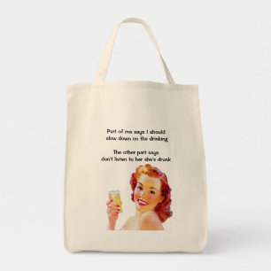 Retro huisvrouw met cocktail grappige dronken quot tote bag