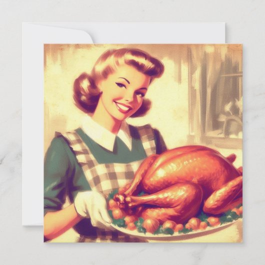 Retro huisvrouw met Thanksgiving kalkoen vintage Kaart (Voorkant)