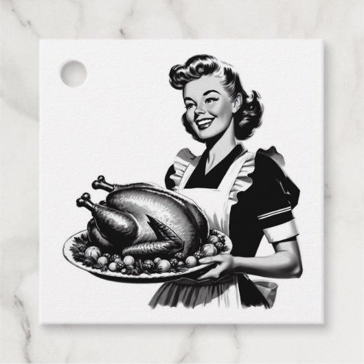 Retro Huisvrouw met Thanksgiving Turkije Bedankjes Labels (Voorkant)