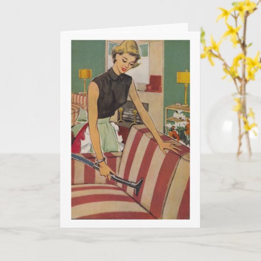 Retro huisvrouw - nooit eindigend stofzuigen, kaart (Gele Bloem)