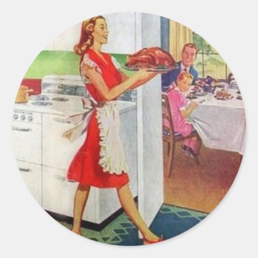 Retro Huisvrouw op Thanksgiving Ronde Sticker (Voorkant)