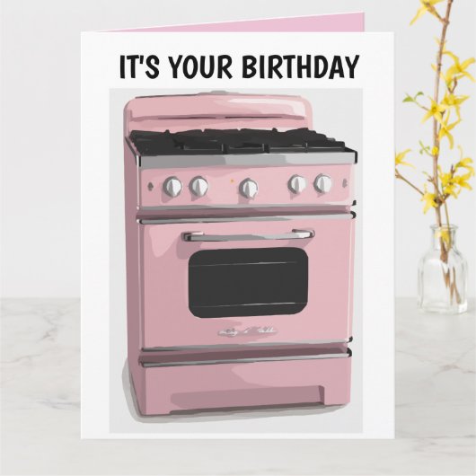 RETRO HUISVROUW ROZE OVEN VERJAARDAG GROTE KAART (Gele Bloem)