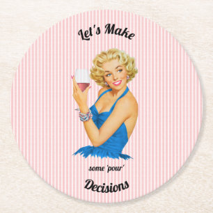 Retro huisvrouw wijn roze streep ronde kartonnen onderzetter