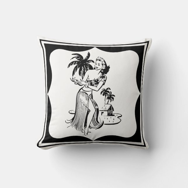 Retro Hula Dancer Tropical Tiki Island Palm Tree Kussen (Voorkant)